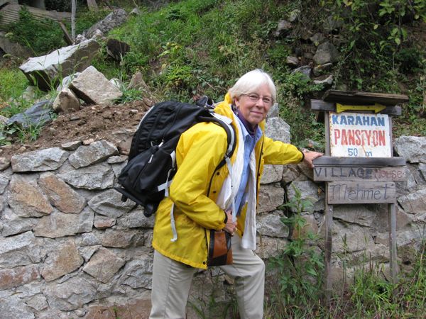 Ann Marie ready to climb to Karahan Pension--50 meters STRAIGHT UP!!!